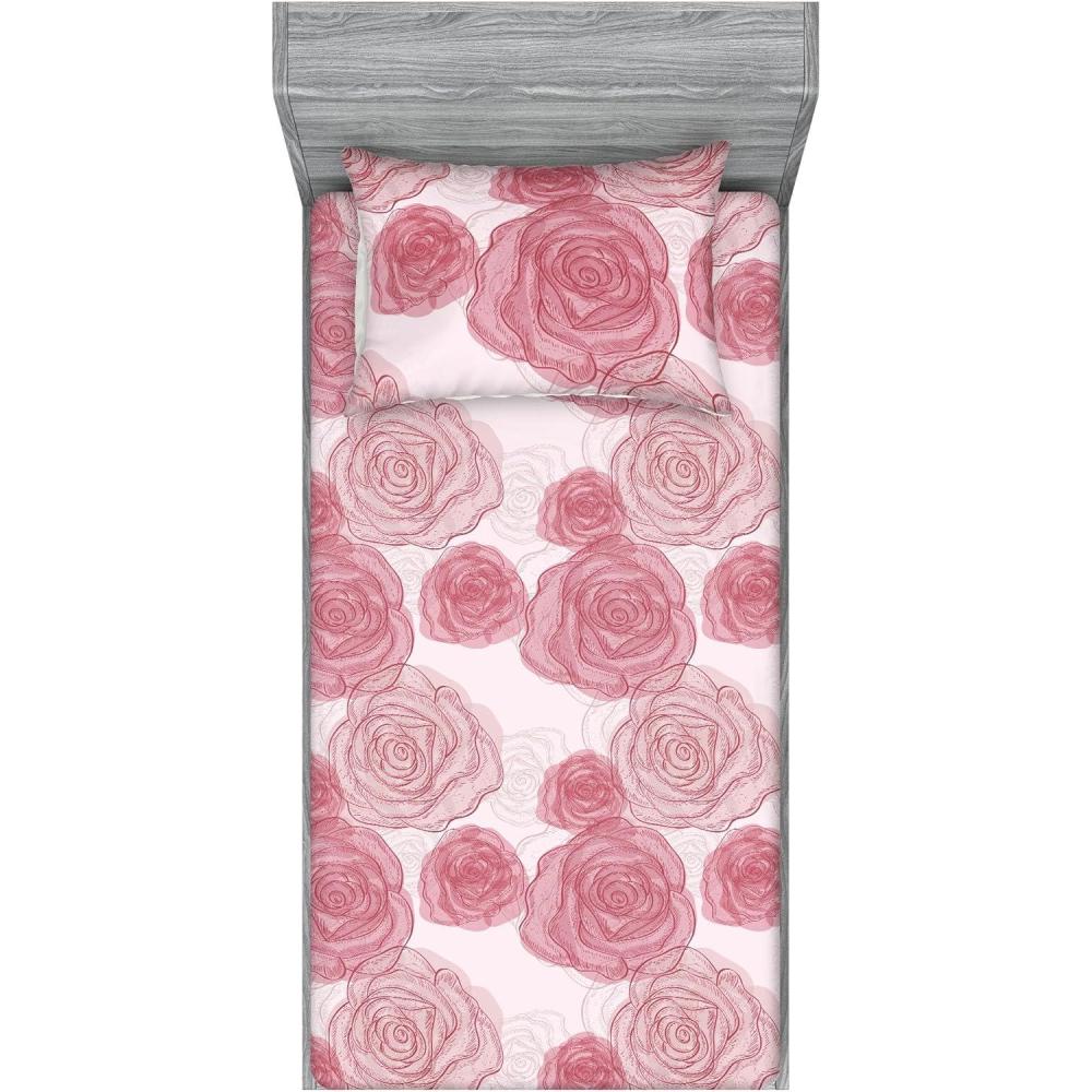 imageAmbesonne Floral Fitted Sheet amp Pillow Sham Set Monochrome Lily Flowers Valentines Day Concept Retro Illustration Decorative Printed 3 Piece Bedding Decor Set Full Charcoal Grey and WhitePale Ruby Grey Pink