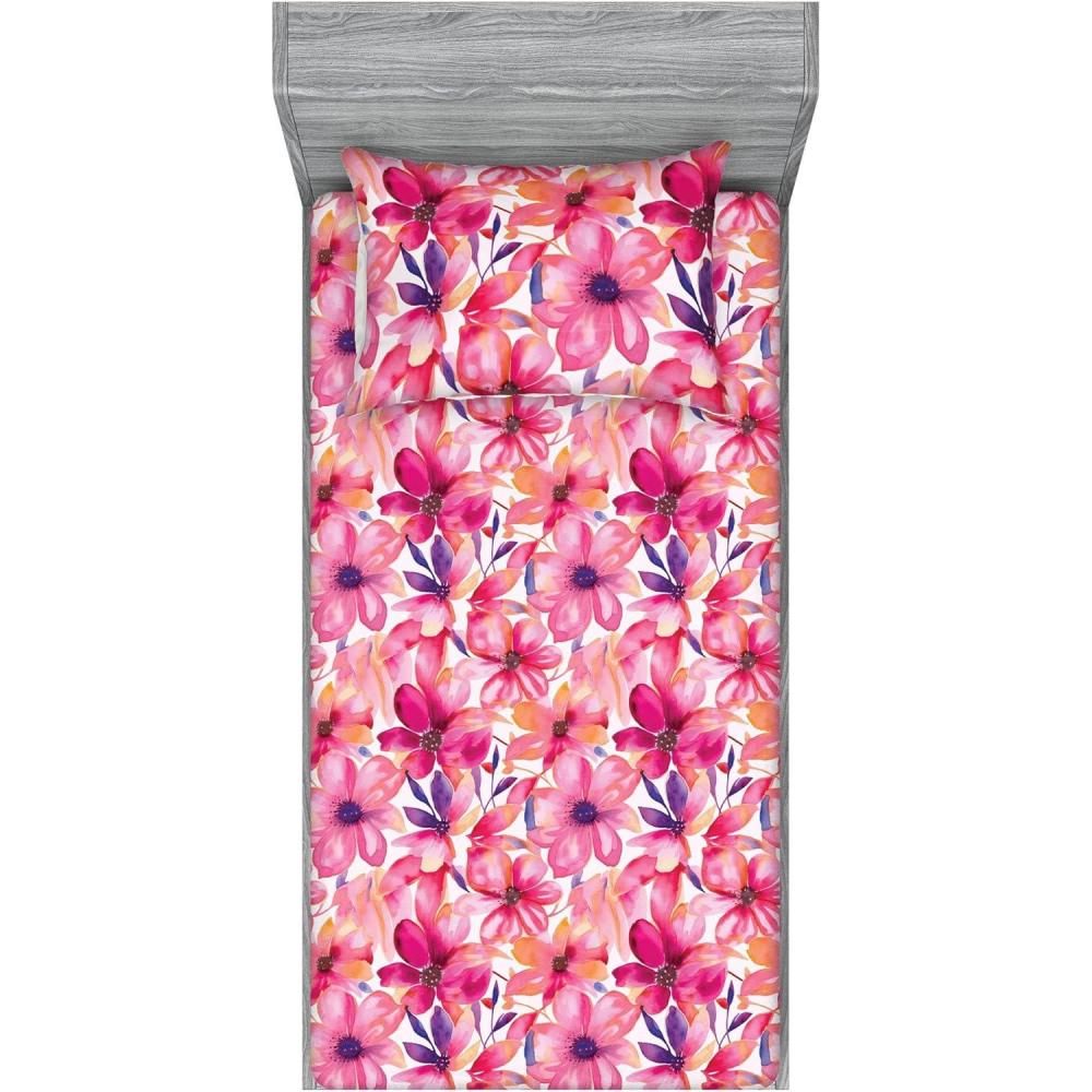 imageAmbesonne Floral Fitted Sheet amp Pillow Sham Set Romantic Valentines Day Theme Overlapping Simplistic Rose Flowers Art Decorative Printed 3 Piece Bedding Decor Set Calking Pale Salmon and BlushHot Pink Blue Violet