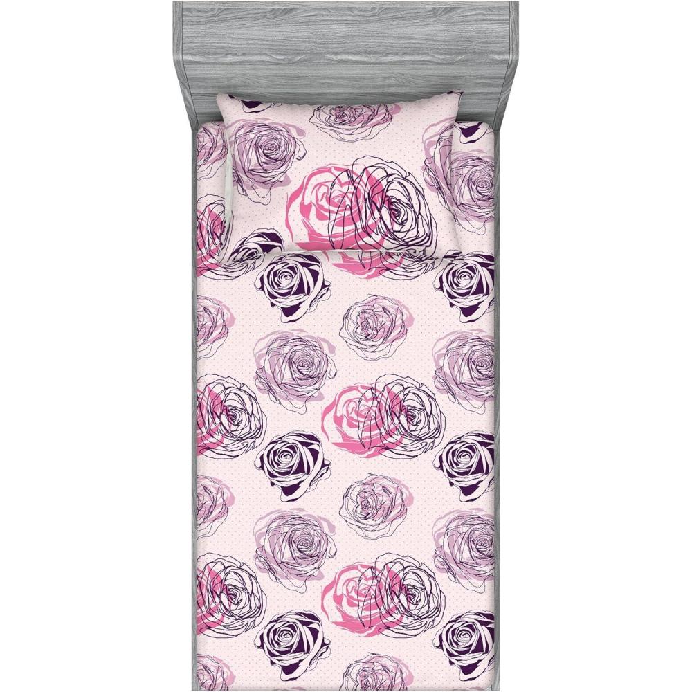 imageAmbesonne Floral Fitted Sheet amp Pillow Sham Set Romantic Valentines Day Theme Overlapping Simplistic Rose Flowers Art Decorative Printed 3 Piece Bedding Decor Set Calking Pale Salmon and BlushDark Purple Grey Pink