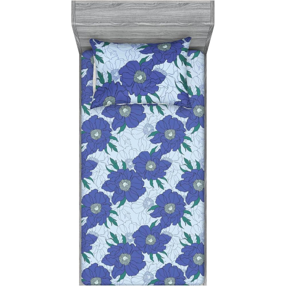 imageAmbesonne Floral Fitted Sheet amp Pillow Sham Set Romantic Valentines Day Theme Overlapping Simplistic Rose Flowers Art Decorative Printed 3 Piece Bedding Decor Set Calking Pale Salmon and BlushDark Ceil Blue Fern Green