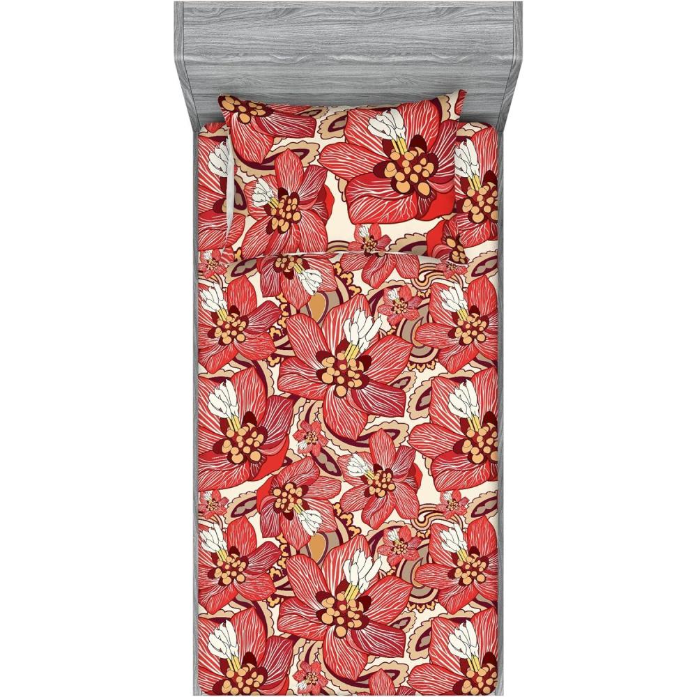 imageAmbesonne Floral Fitted Sheet amp Pillow Sham Set Romantic Valentines Day Theme Overlapping Simplistic Rose Flowers Art Decorative Printed 3 Piece Bedding Decor Set Calking Pale Salmon and BlushDark Coral and Pale Camel