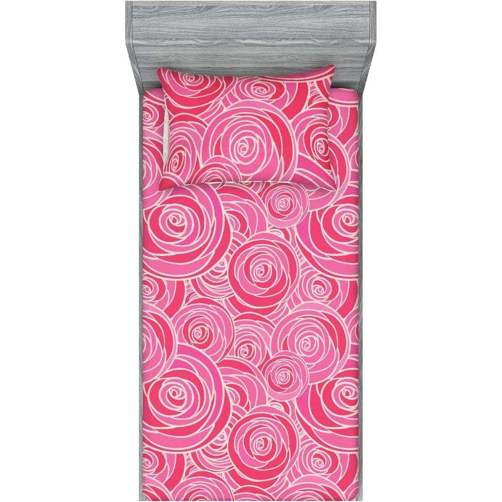 imageAmbesonne Floral Fitted Sheet amp Pillow Sham Set Romantic Valentines Day Theme Overlapping Simplistic Rose Flowers Art Decorative Printed 3 Piece Bedding Decor Set Calking Pale Salmon and BlushDark Coral and Soft Pink