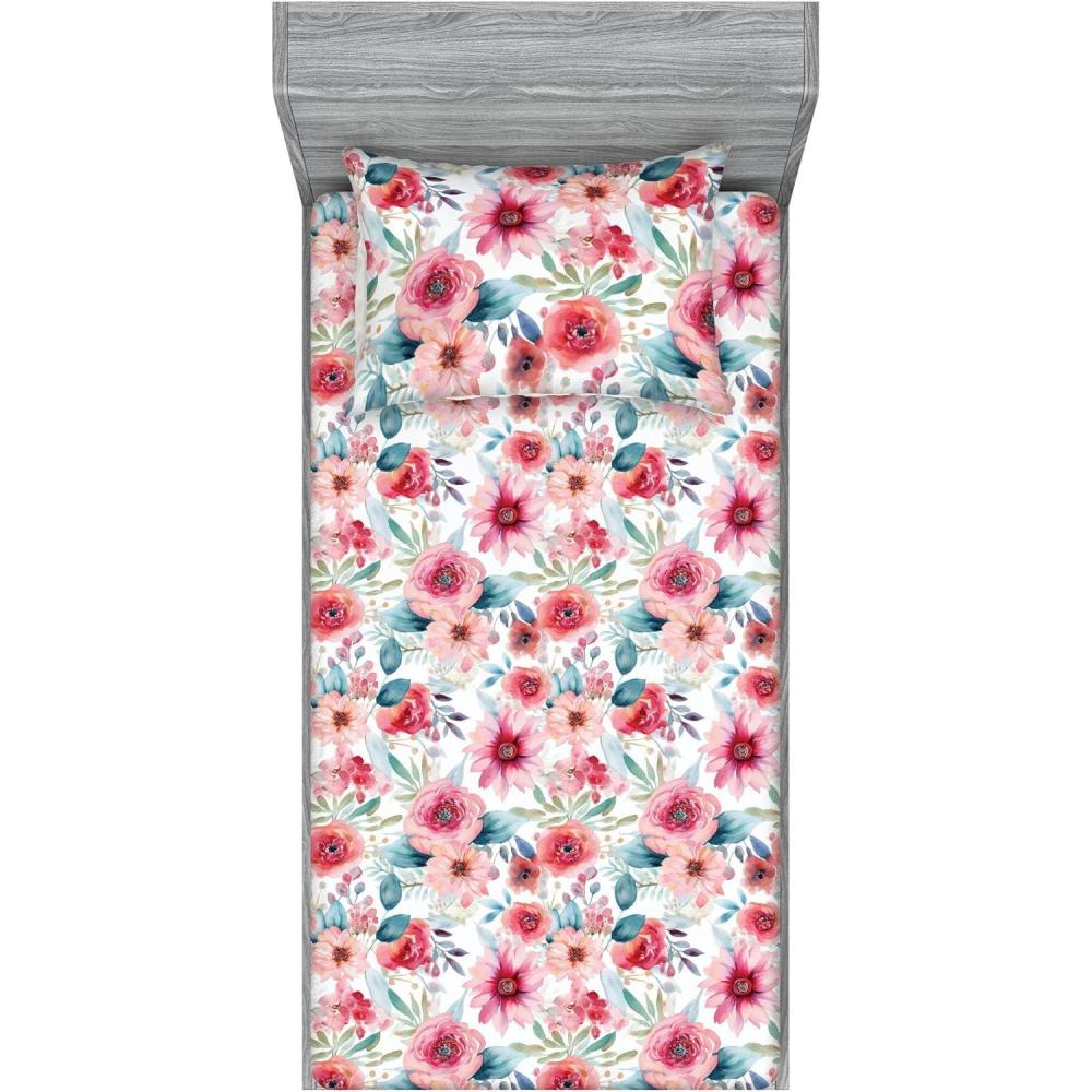 imageAmbesonne Floral Fitted Sheet amp Pillow Sham Set Romantic Valentines Day Theme Overlapping Simplistic Rose Flowers Art Decorative Printed 3 Piece Bedding Decor Set Calking Pale Salmon and BlushDried Rose and Slate Blue