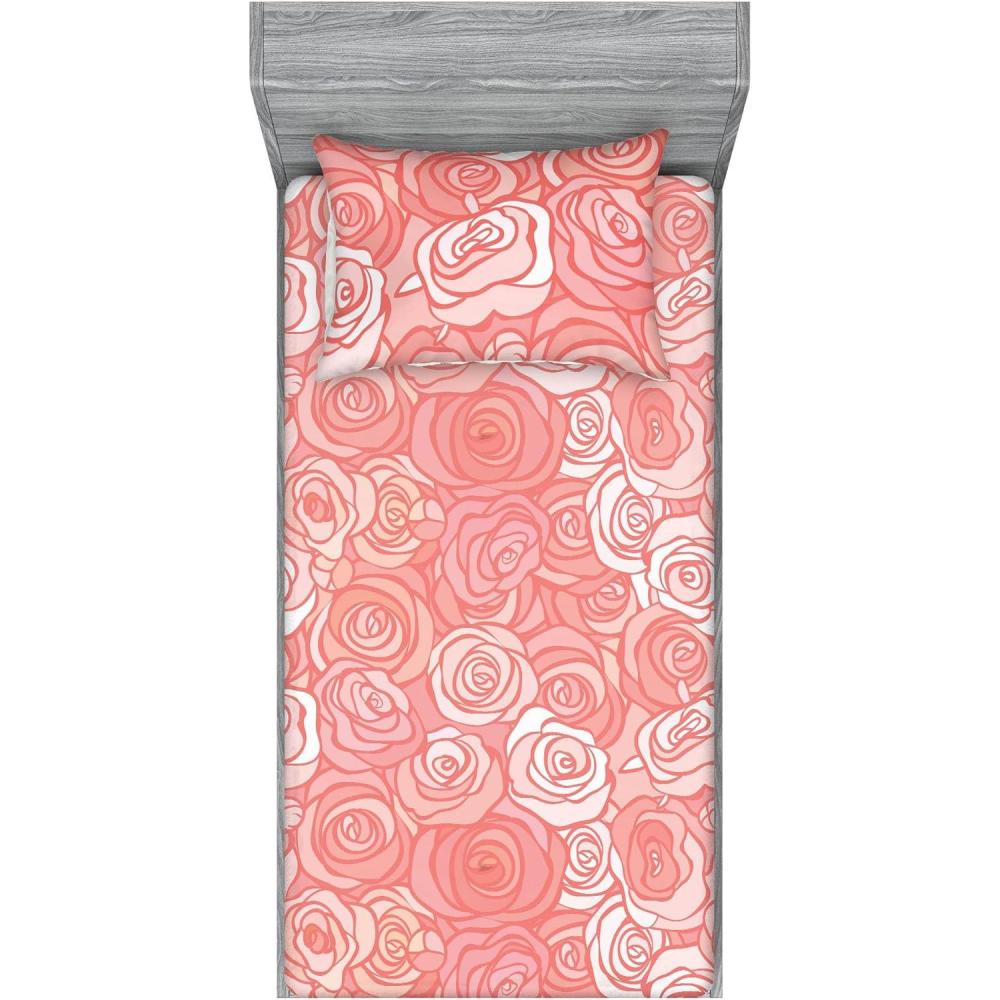 imageAmbesonne Floral Fitted Sheet amp Pillow Sham Set Romantic Valentines Day Theme Overlapping Simplistic Rose Flowers Art Decorative Printed 3 Piece Bedding Decor Set Calking Pale Salmon and BlushPale Salmon and Blush