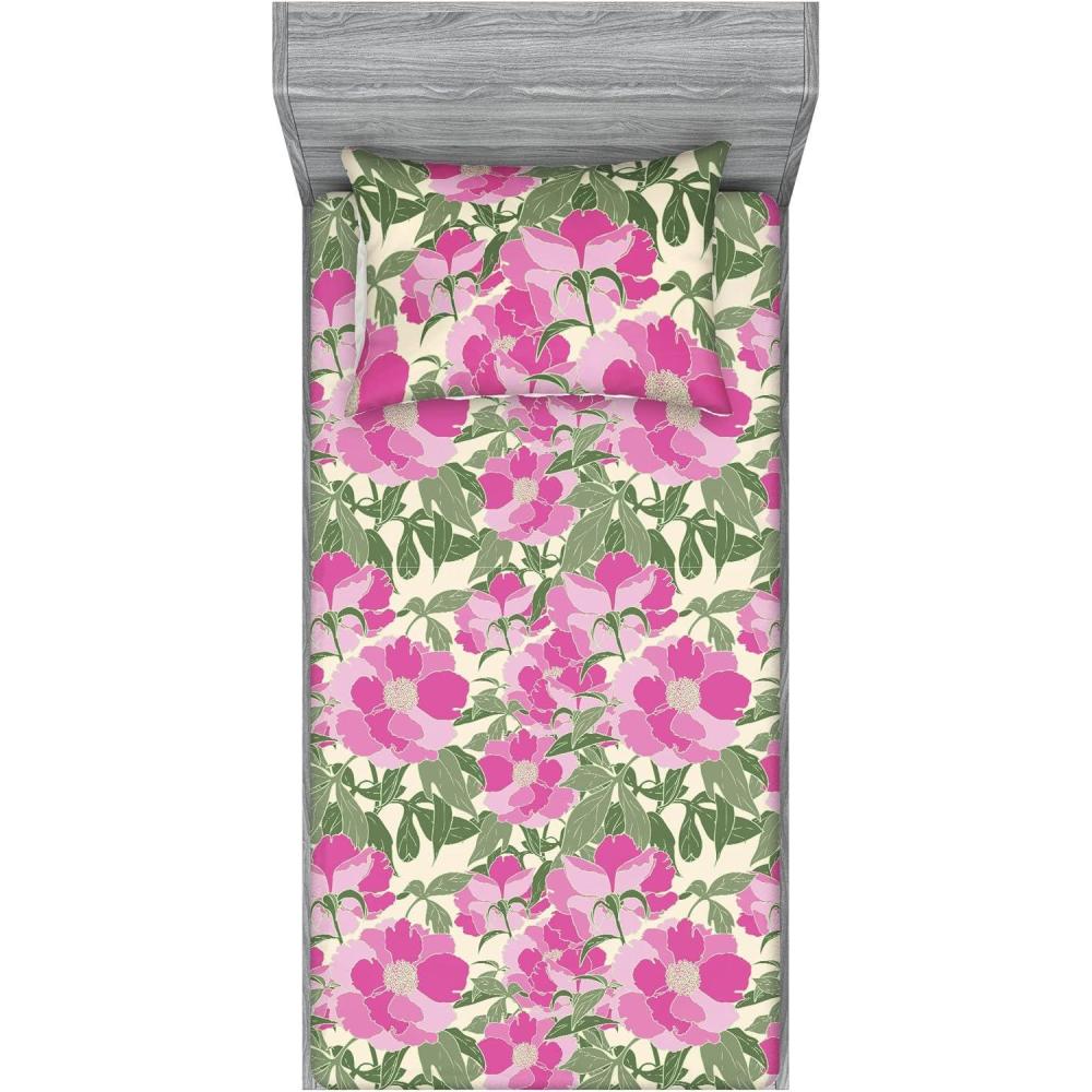imageAmbesonne Floral Fitted Sheet amp Pillow Sham Set Romantic Valentines Day Theme Overlapping Simplistic Rose Flowers Art Decorative Printed 3 Piece Bedding Decor Set Calking Pale Salmon and BlushSoft Pink and Sage Green
