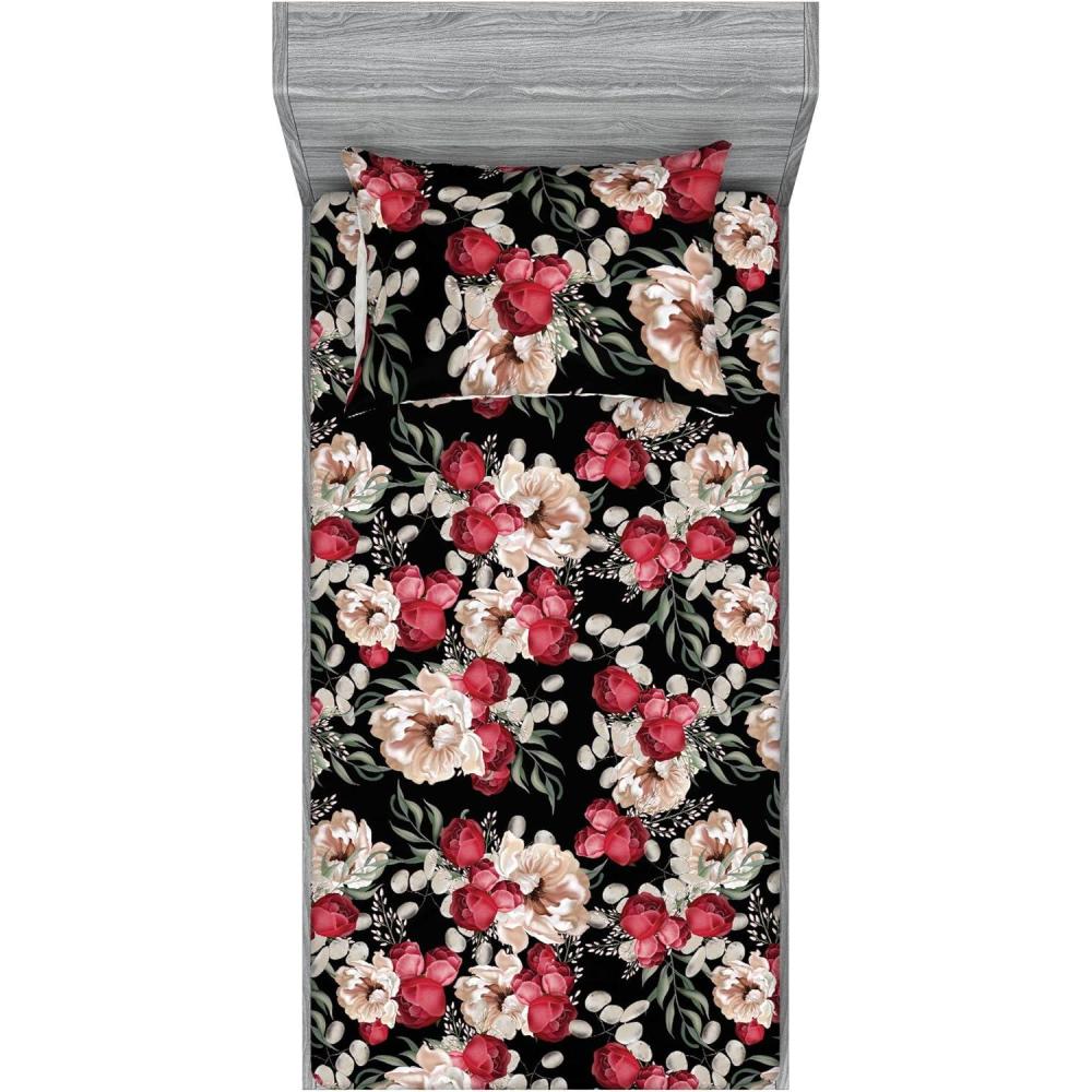 imageAmbesonne Floral Fitted Sheet amp Pillow Sham Set Roses Lavender Eucalyptus Watercolor Valentines Day Romantic Concept Decorative Printed 2 Piece Bedding Decor Set Twinxl Purple Grey and Off WhiteRaspberry and Reseda Green