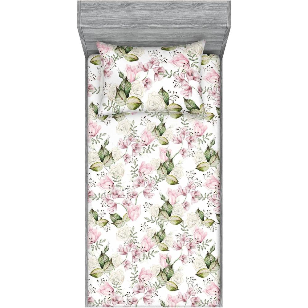 imageAmbesonne Floral Fitted Sheet amp Pillow Sham Set Roses Lavender Eucalyptus Watercolor Valentines Day Romantic Concept Decorative Printed 2 Piece Bedding Decor Set Twinxl Purple Grey and Off WhitePale Pink and Laurel Green