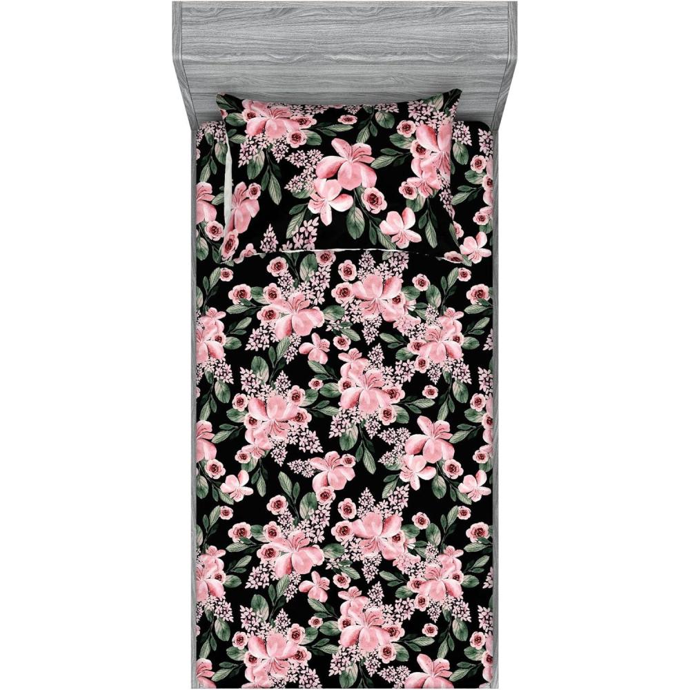imageAmbesonne Floral Fitted Sheet amp Pillow Sham Set Roses Lavender Eucalyptus Watercolor Valentines Day Romantic Concept Decorative Printed 2 Piece Bedding Decor Set Twinxl Purple Grey and Off WhitePastel Pink Hunter Green