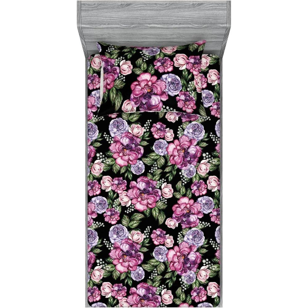 imageAmbesonne Floral Fitted Sheet amp Pillow Sham Set Roses Lavender Eucalyptus Watercolor Valentines Day Romantic Concept Decorative Printed 2 Piece Bedding Decor Set Twinxl Purple Grey and Off WhiteSoft Pink Olive Green