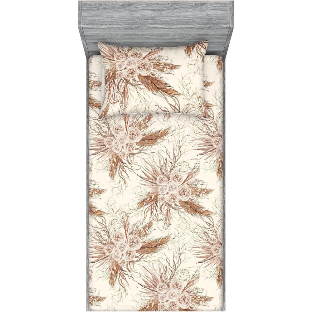 imageAmbesonne Floral Fitted Sheet amp Pillow Sham Set Roses Lavender Eucalyptus Watercolor Valentines Day Romantic Concept Decorative Printed 2 Piece Bedding Decor Set Twinxl Purple Grey and Off WhiteWarm Taupe and Eggshell