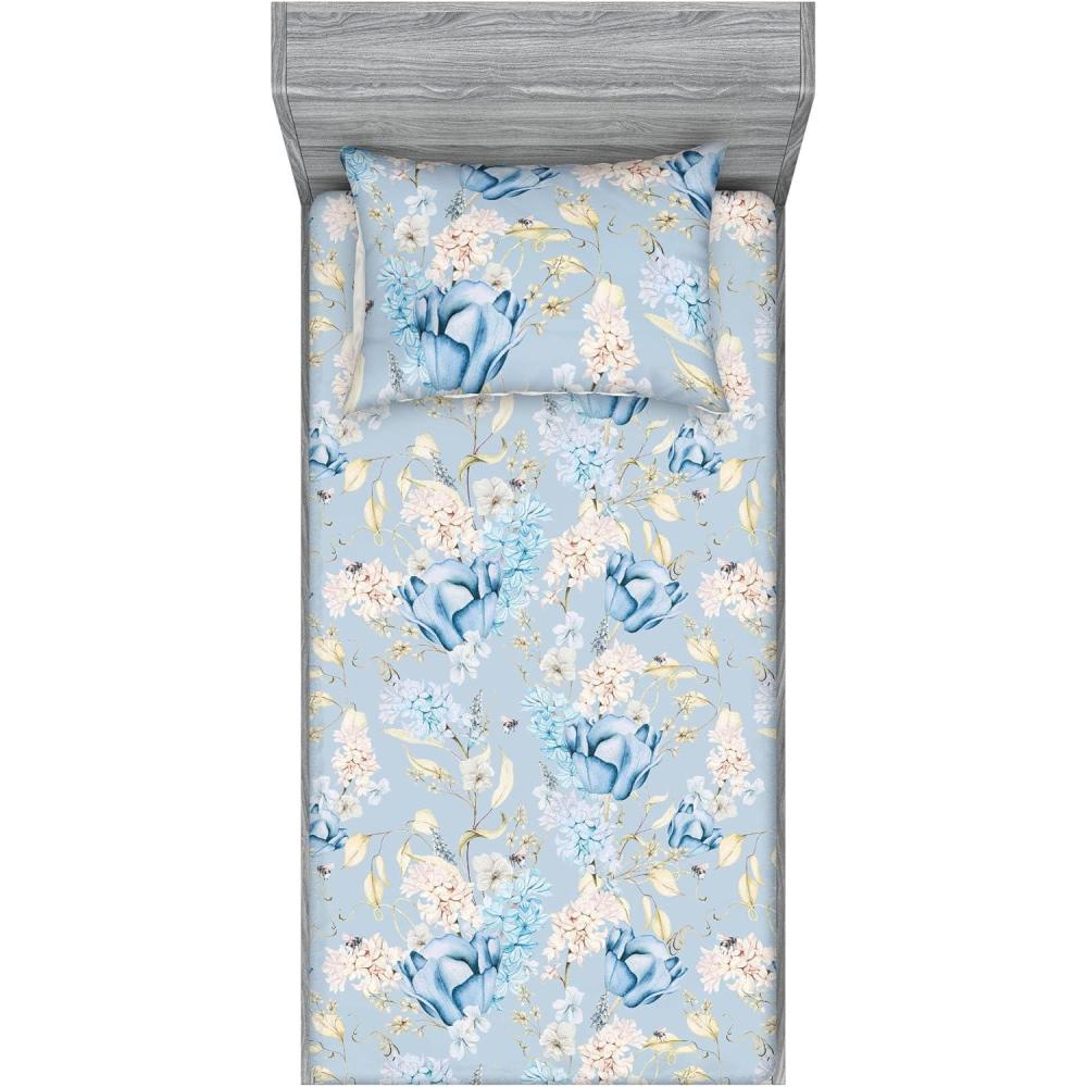 imageAmbesonne Floral Fitted Sheet amp Pillow Sham Set Roses Lavender Eucalyptus Watercolor Valentines Day Romantic Concept Decorative Printed 2 Piece Bedding Decor Set Twinxl Purple Grey and Off WhiteSky Blue Pale Yellow