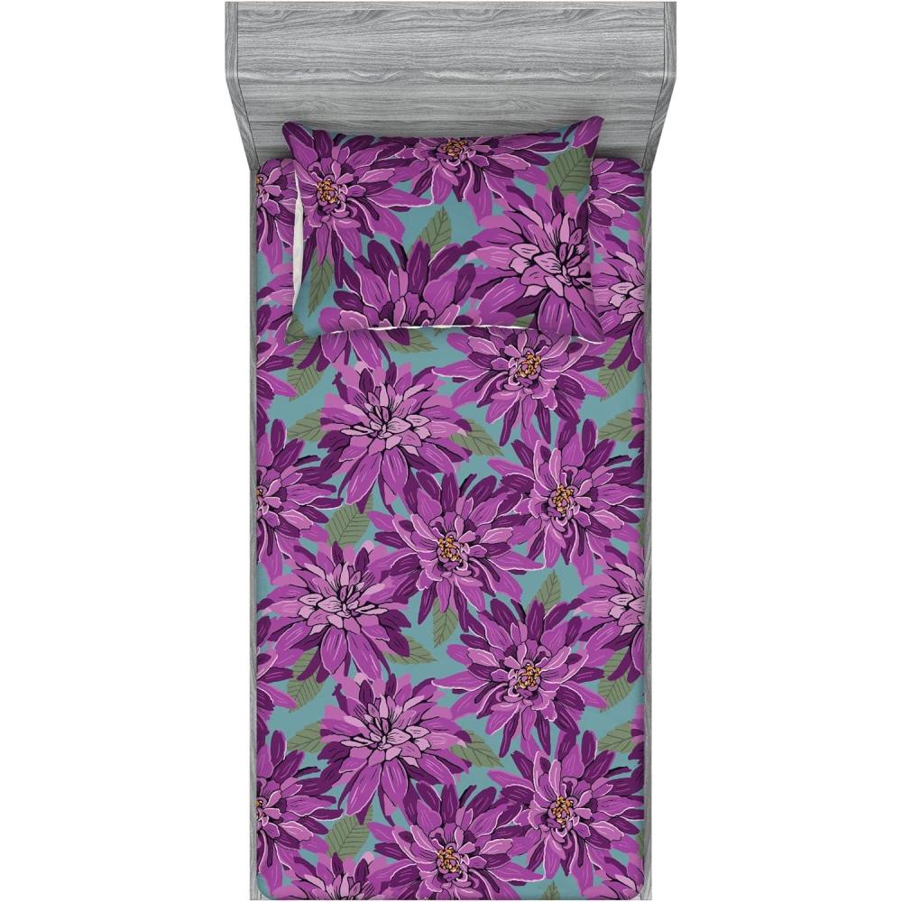 imageAmbesonne Floral Fitted Sheet amp Pillow Sham Set Roses Lavender Eucalyptus Watercolor Valentines Day Romantic Concept Decorative Printed 2 Piece Bedding Decor Set Twinxl Purple Grey and Off WhitePurple Olive Green