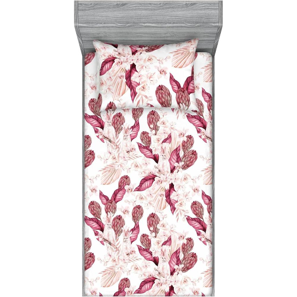 imageAmbesonne Floral Fitted Sheet amp Pillow Sham Set Roses Lavender Eucalyptus Watercolor Valentines Day Romantic Concept Decorative Printed 2 Piece Bedding Decor Set Twinxl Purple Grey and Off WhiteDried Rose Pale Ruby