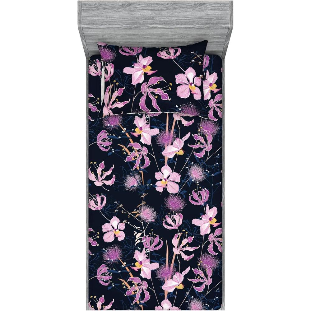 imageAmbesonne Floral Fitted Sheet amp Pillow Sham Set Valentines Day Concept Art Pastel Repetitive Roses Pattern Plot Decorative Printed 3 Piece Bedding Decor Set Queen Dark Pink Blush and WhiteNavy Blue and Soft Pink