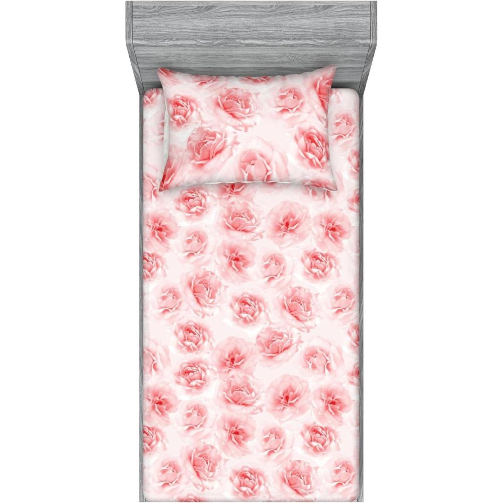 imageAmbesonne Floral Fitted Sheet amp Pillow Sham Set Valentines Day Concept Art Pastel Repetitive Roses Pattern Plot Decorative Printed 3 Piece Bedding Decor Set Queen Dark Pink Blush and WhiteDark Pink Blush and White