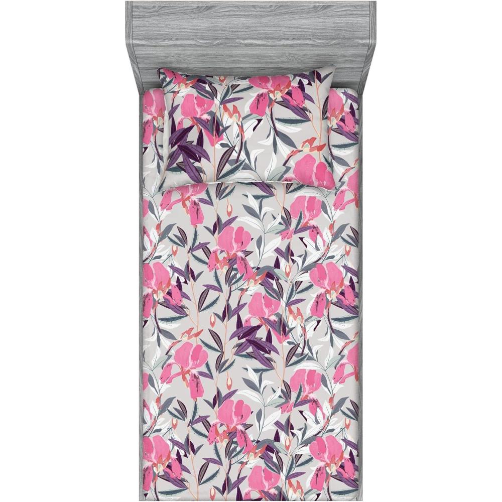 imageAmbesonne Floral Fitted Sheet amp Pillow Sham Set Valentines Day Concept Art Pastel Repetitive Roses Pattern Plot Decorative Printed 3 Piece Bedding Decor Set Queen Dark Pink Blush and WhitePink Violet and Pale Grey