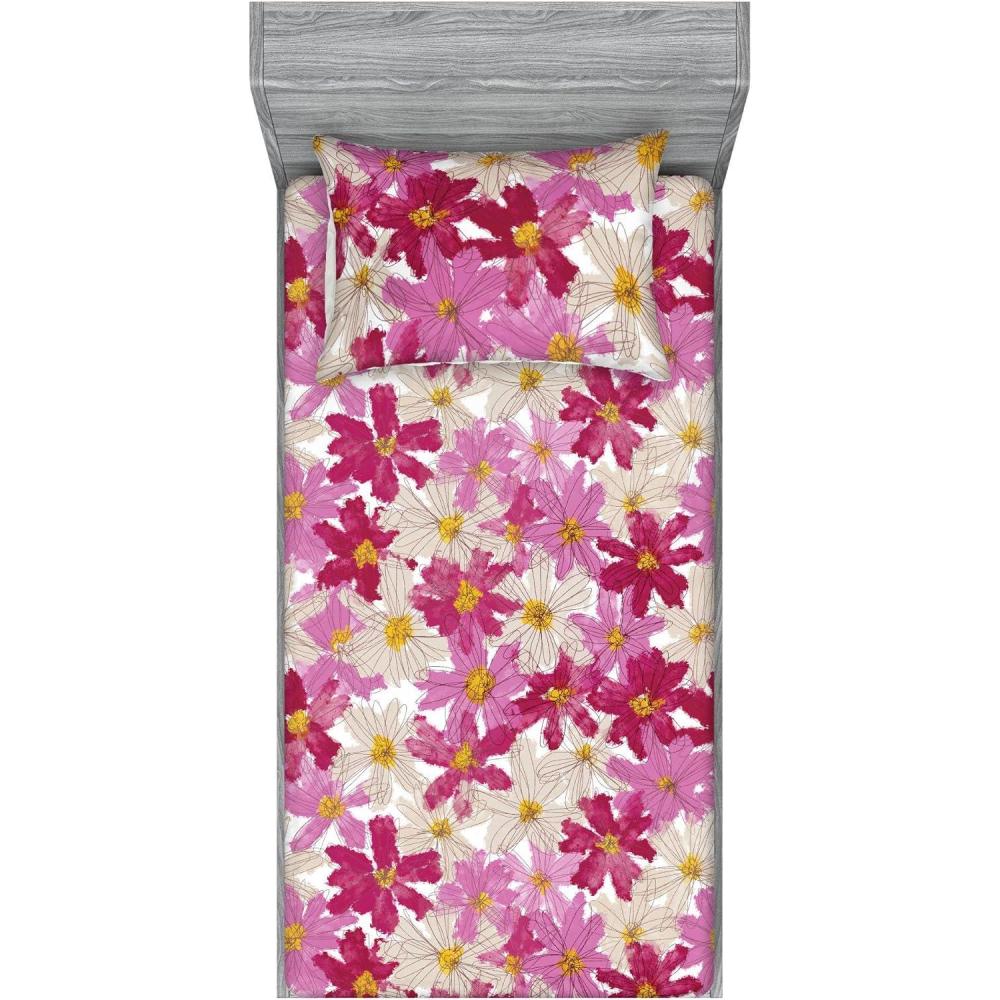 imageAmbesonne Floral Fitted Sheet amp Pillow Sham Set Valentines Day Concept Art Pastel Repetitive Roses Pattern Plot Decorative Printed 3 Piece Bedding Decor Set Queen Dark Pink Blush and WhiteEggshell Magenta Pink