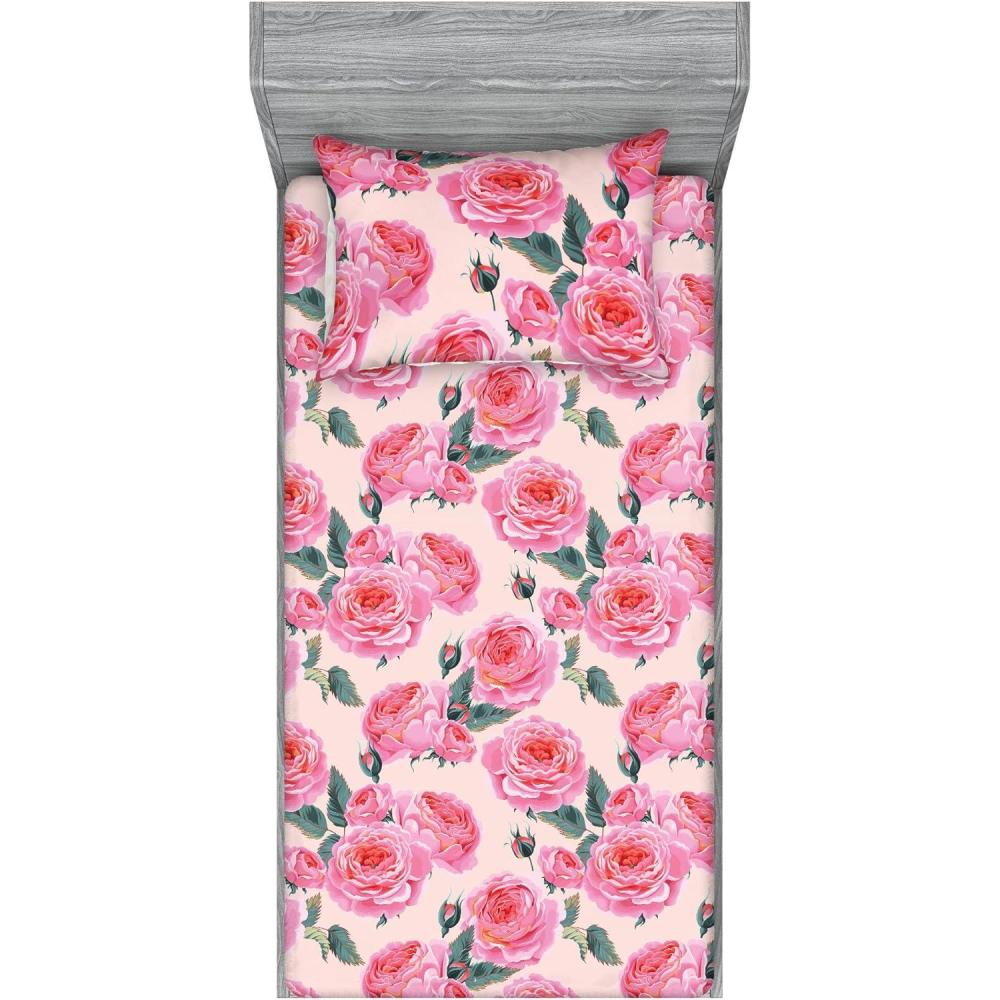 imageAmbesonne Floral Fitted Sheet amp Pillow Sham Set Valentines Day Concept Art Pastel Repetitive Roses Pattern Plot Decorative Printed 3 Piece Bedding Decor Set Queen Dark Pink Blush and WhiteDark Pink and Cadet Blue