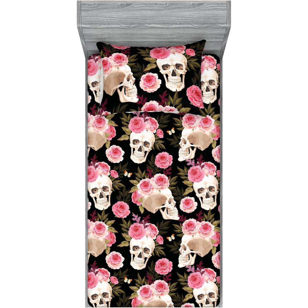 imageAmbesonne Floral Fitted Sheet amp Pillow Sham Set Valentines Day Concept Art Pastel Repetitive Roses Pattern Plot Decorative Printed 3 Piece Bedding Decor Set Queen Dark Pink Blush and WhitePink Laurel Green Black