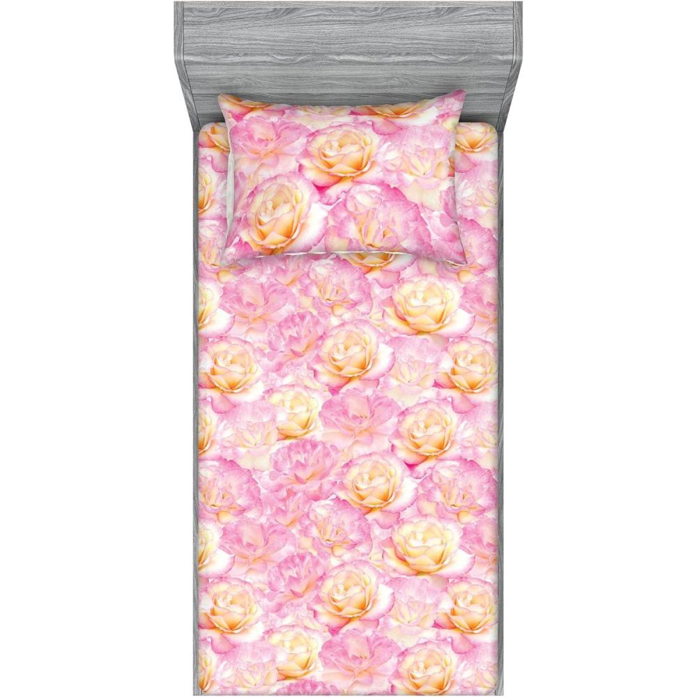 imageAmbesonne Floral Fitted Sheet amp Pillow Sham Set Valentines Day Concept Art Pastel Repetitive Roses Pattern Plot Decorative Printed 3 Piece Bedding Decor Set Queen Dark Pink Blush and WhitePastel Pink and Pale Fuchsia