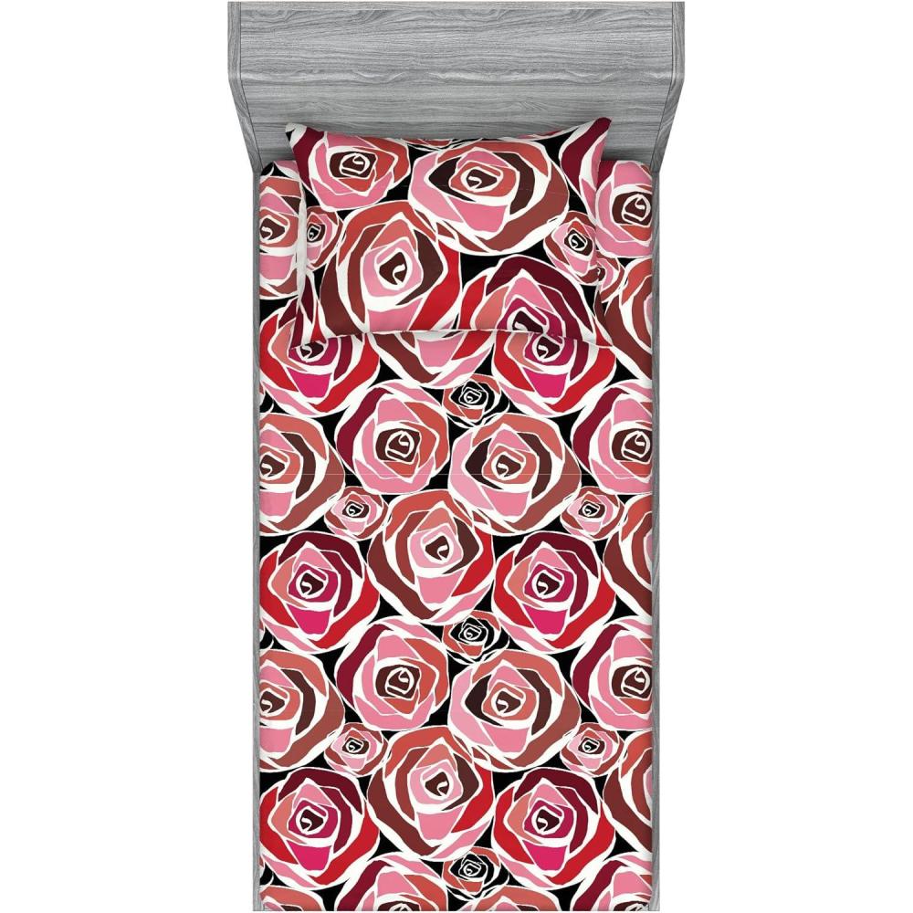 imageAmbesonne Floral Fitted Sheet amp Pillow Sham Set Valentines Day Concept Art Pastel Repetitive Roses Pattern Plot Decorative Printed 3 Piece Bedding Decor Set Queen Dark Pink Blush and WhiteDark Pink and Redbrown