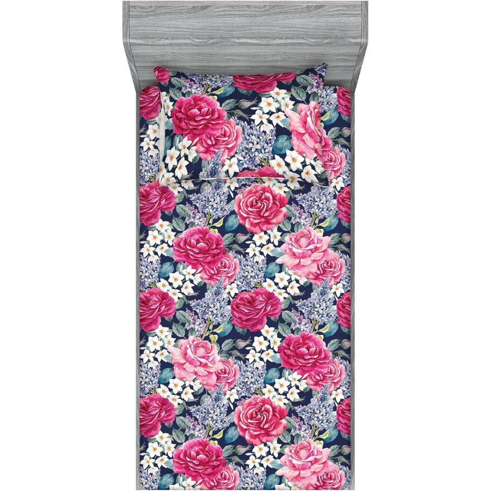 imageAmbesonne Floral Fitted Sheet amp Pillow Sham Set Valentines Day Concept Art Pastel Repetitive Roses Pattern Plot Decorative Printed 3 Piece Bedding Decor Set Queen Dark Pink Blush and WhiteRaspberry Laurel Green