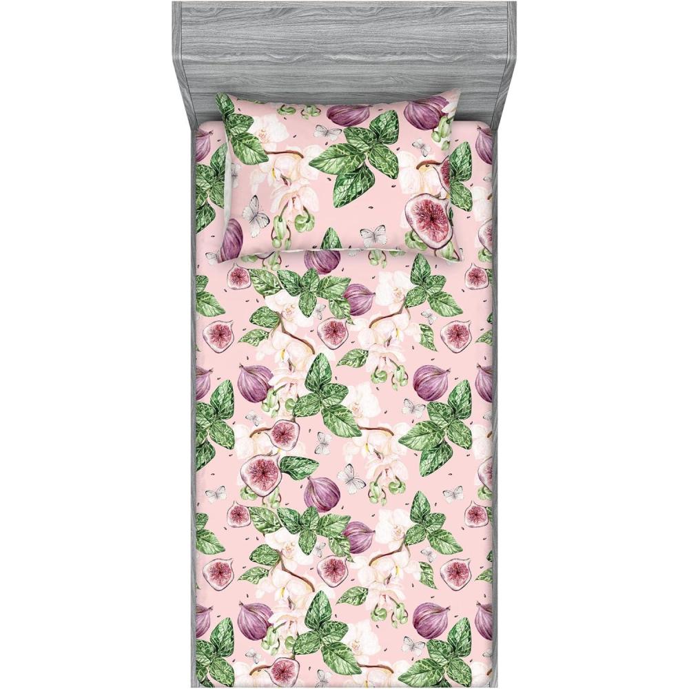 imageAmbesonne Floral Fitted Sheet amp Pillow Sham Set Valentines Day Romantic Concept Watercolor Hydrangeas Roses Birds Decorative Printed 3 Piece Bedding Decor Set Calking Soft Pink Pistachio GreenFern Green Lilac and Blush