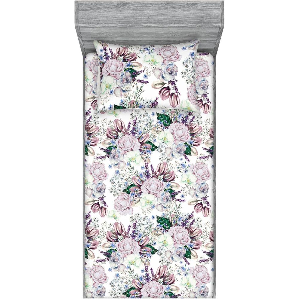 imageAmbesonne Floral Fitted Sheet amp Pillow Sham Set Valentines Day Romantic Concept Watercolor Hydrangeas Roses Birds Decorative Printed 3 Piece Bedding Decor Set Calking Soft Pink Pistachio GreenPale Mauve White and Green