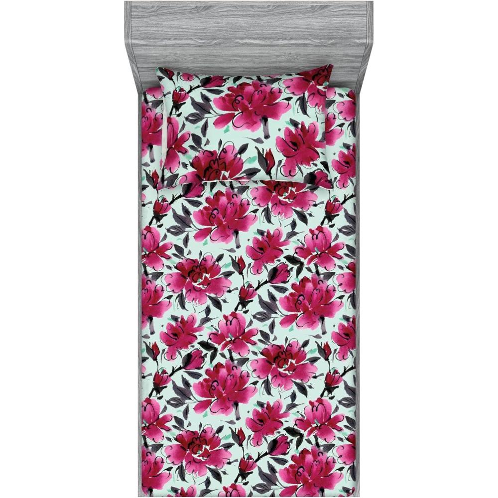 imageAmbesonne Floral Fitted Sheet amp Pillow Sham Set Valentines Day Theme Grunge Style Repetitive Rose Flowers Abstract Decorative Printed 2 Piece Bedding Decor Set Twinxl Pale Fuchsia and SepiaDark Magenta Mint Green