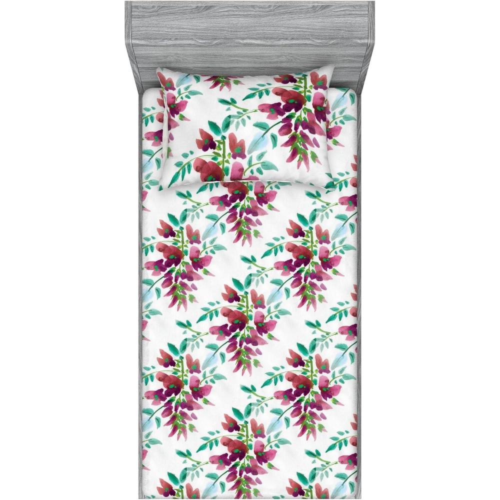 imageAmbesonne Floral Fitted Sheet amp Pillow Sham Set Valentines Day Theme Grunge Style Repetitive Rose Flowers Abstract Decorative Printed 2 Piece Bedding Decor Set Twinxl Pale Fuchsia and SepiaPistachio Green and Ruby