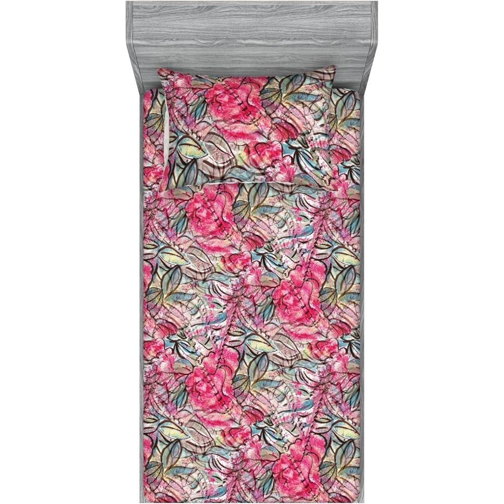 imageAmbesonne Floral Fitted Sheet amp Pillow Sham Set Valentines Day Theme Grunge Style Repetitive Rose Flowers Abstract Decorative Printed 2 Piece Bedding Decor Set Twinxl Pale Fuchsia and SepiaDark Coral and Slate Blue