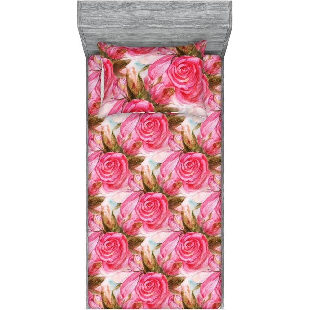 imageAmbesonne Floral Fitted Sheet amp Pillow Sham Set Valentines Day Theme Grunge Style Repetitive Rose Flowers Abstract Decorative Printed 2 Piece Bedding Decor Set Twinxl Pale Fuchsia and SepiaDark Coral Khaki Green