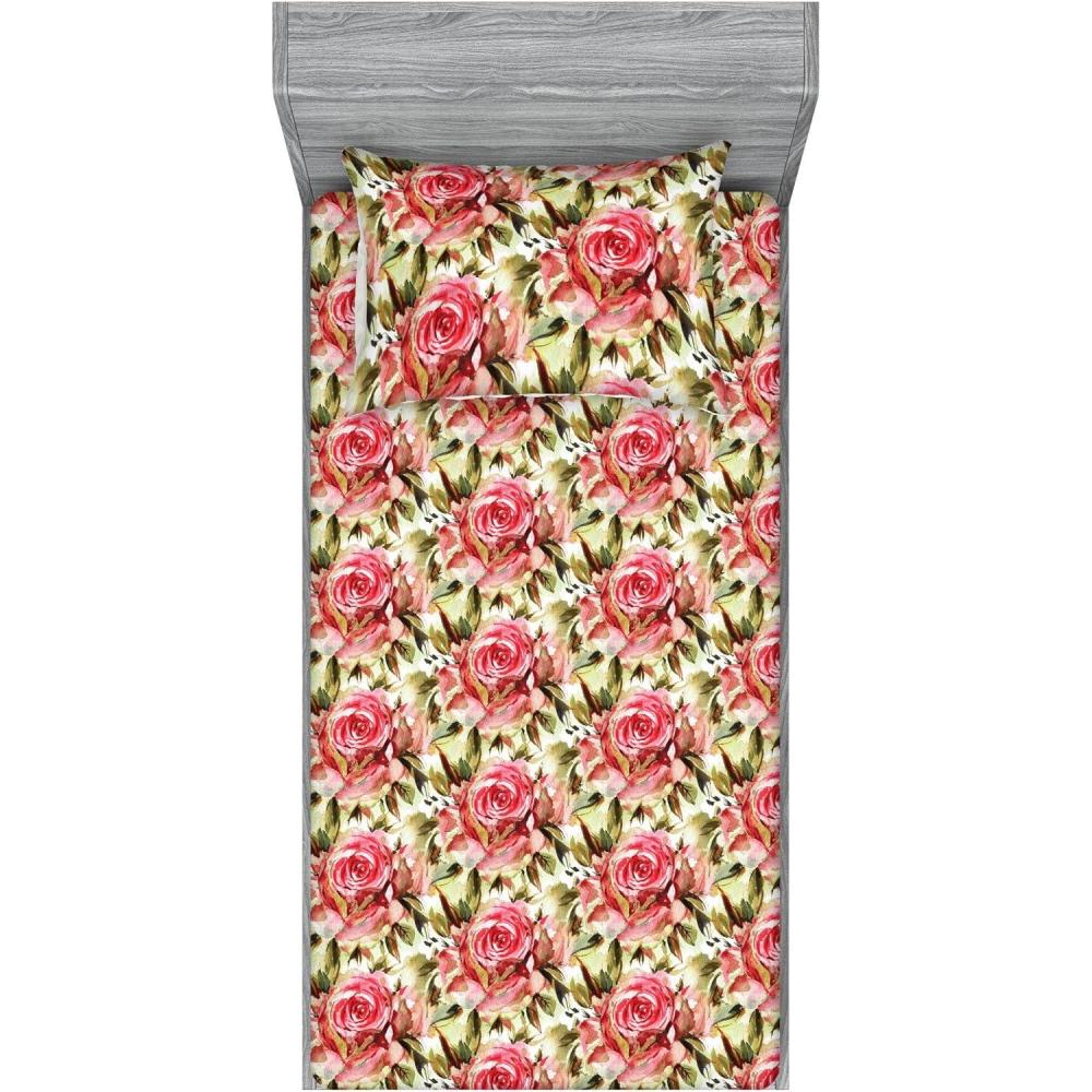 imageAmbesonne Floral Fitted Sheet amp Pillow Sham Set Valentines Day Theme Grunge Style Repetitive Rose Flowers Abstract Decorative Printed 2 Piece Bedding Decor Set Twinxl Pale Fuchsia and SepiaDark Coral Khaki and Camel