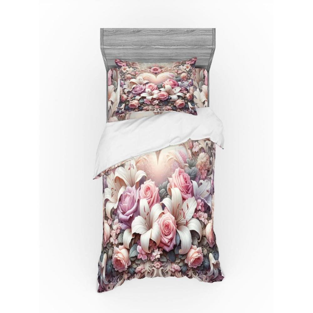 imageAmbesonne Floral Heart Bedding Set Tenderness of Romantic Garden Ivy Branches and Roses Valentines Day 3 Piece Duvet Cover Set with Sham and Fitted Sheet Twin XL Size Laurel Green and PinkPale Pink Peach and Lilac