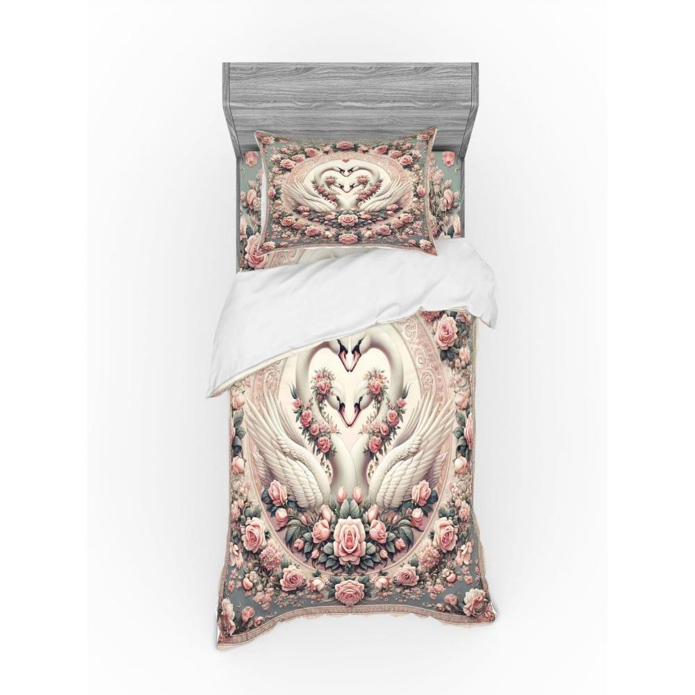 imageAmbesonne Floral Heart Bedding Set Tenderness of Romantic Garden Ivy Branches and Roses Valentines Day 3 Piece Duvet Cover Set with Sham and Fitted Sheet Twin XL Size Laurel Green and PinkPale Pink Pale Cadet Blue