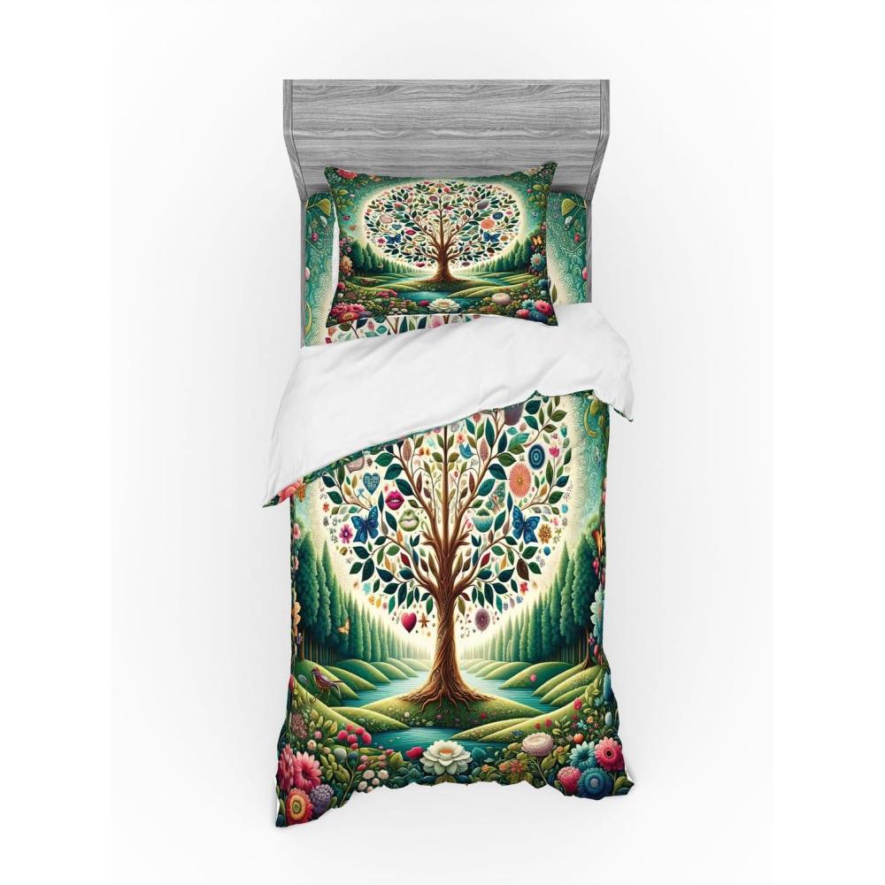 imageAmbesonne Floral Heart Bedding Set Tenderness of Romantic Garden Ivy Branches and Roses Valentines Day 3 Piece Duvet Cover Set with Sham and Fitted Sheet Twin XL Size Laurel Green and PinkGreen Blue and Pink