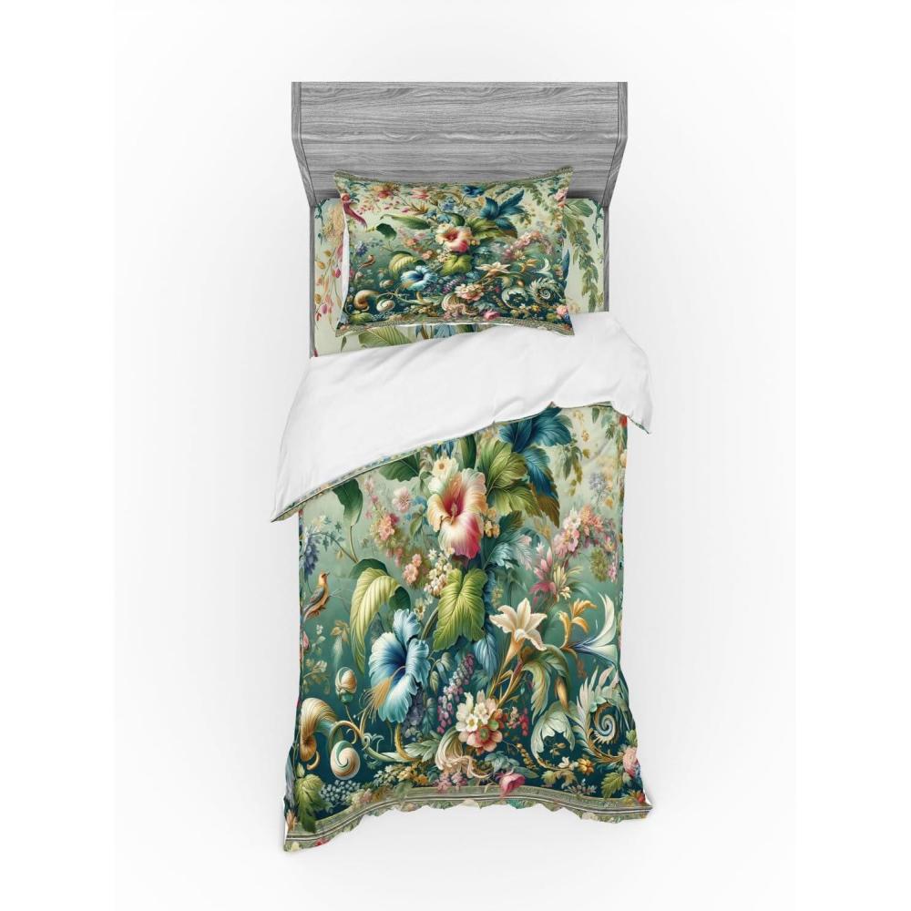 imageAmbesonne Floral Heart Bedding Set Tenderness of Romantic Garden Ivy Branches and Roses Valentines Day 3 Piece Duvet Cover Set with Sham and Fitted Sheet Twin XL Size Laurel Green and PinkGreen Multicolor