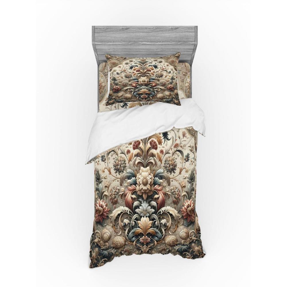 imageAmbesonne Floral Heart Bedding Set Tenderness of Romantic Garden Ivy Branches and Roses Valentines Day 3 Piece Duvet Cover Set with Sham and Fitted Sheet Twin XL Size Laurel Green and PinkTan Dark Blue and Pale Ruby