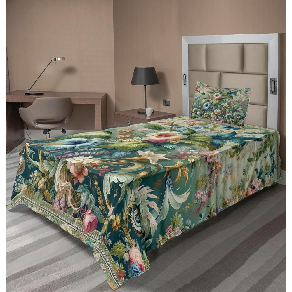 imageAmbesonne Floral Heart Sheet Set Tenderness of Romantic Garden Ivy Branches and Roses Valentines Day Fitted and Flat Sheet with Pillowcase Bedding Accent 3 Piece Set Twin Laurel Green and PinkGreen Multicolor