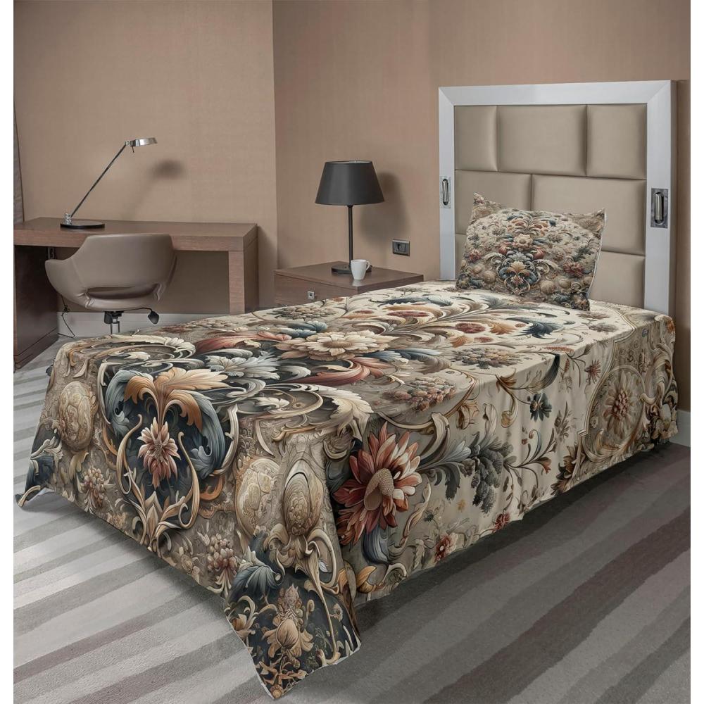 imageAmbesonne Floral Heart Sheet Set Tenderness of Romantic Garden Ivy Branches and Roses Valentines Day Fitted and Flat Sheet with Pillowcase Bedding Accent 3 Piece Set Twin Laurel Green and PinkTan Dark Blue and Pale Ruby