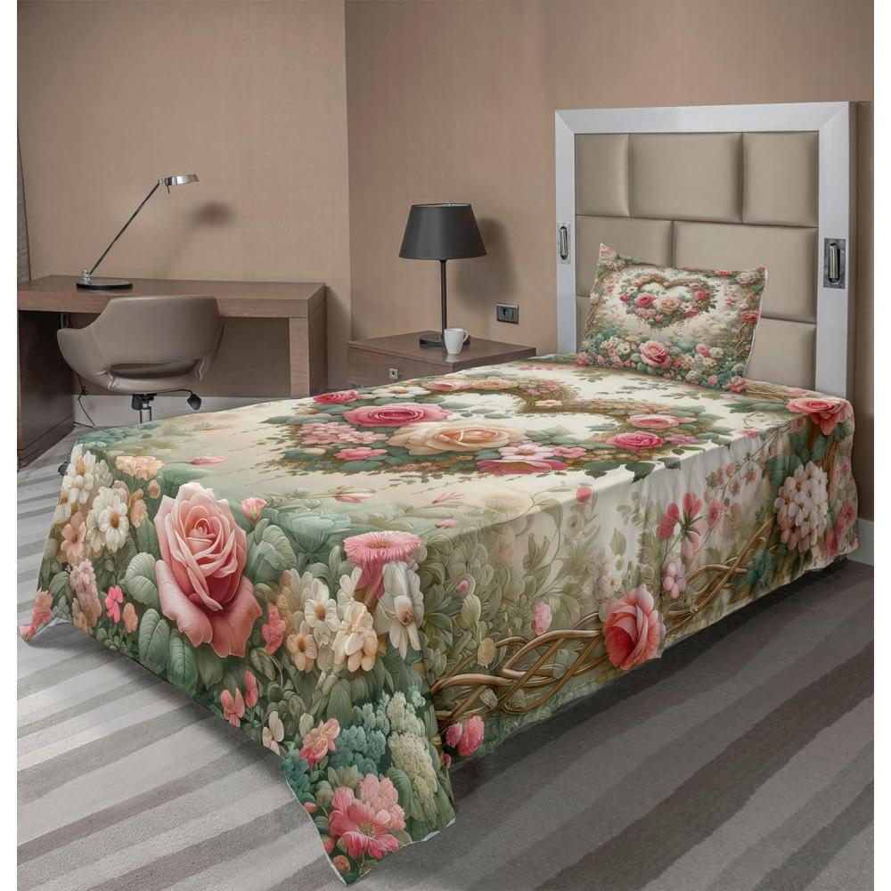 imageAmbesonne Floral Heart Sheet Set Tenderness of Romantic Garden Ivy Branches and Roses Valentines Day Fitted and Flat Sheet with Pillowcase Bedding Accent 3 Piece Set Twin Laurel Green and PinkLaurel Green and Pink