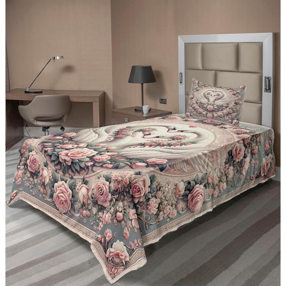 imageAmbesonne Floral Heart Sheet Set Tenderness of Romantic Garden Ivy Branches and Roses Valentines Day Fitted and Flat Sheet with Pillowcase Bedding Accent 3 Piece Set Twin Laurel Green and PinkPale Pink Pale Cadet Blue