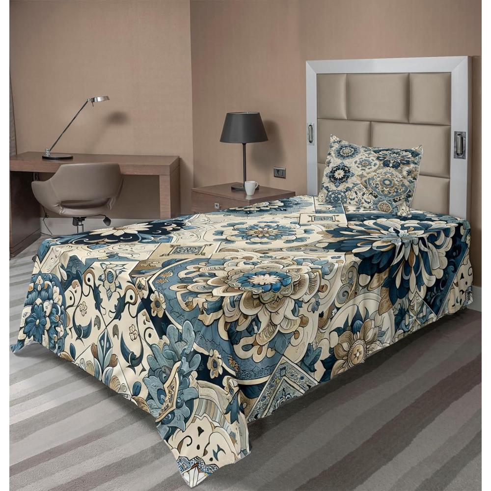 imageAmbesonne Floral Heart Sheet Set Tenderness of Romantic Garden Ivy Branches and Roses Valentines Day Fitted and Flat Sheet with Pillowcase Bedding Accent 3 Piece Set Twin Laurel Green and PinkOff White Cadet Blue