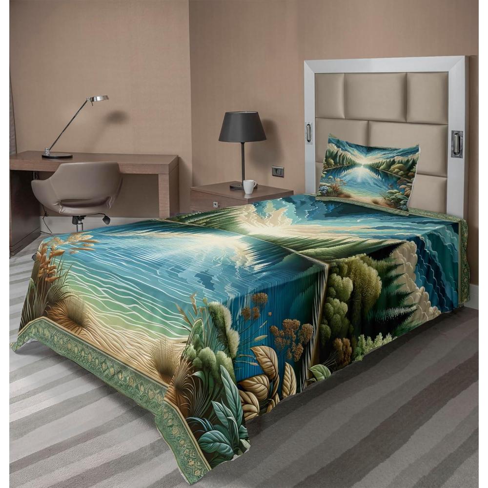 imageAmbesonne Floral Heart Sheet Set Tenderness of Romantic Garden Ivy Branches and Roses Valentines Day Fitted and Flat Sheet with Pillowcase Bedding Accent 3 Piece Set Twin Laurel Green and PinkGreen Blue