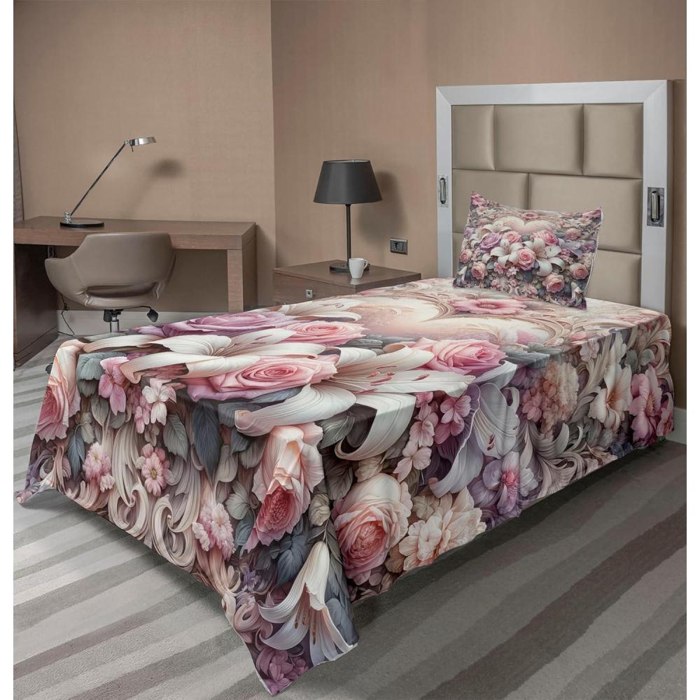 imageAmbesonne Floral Heart Sheet Set Tenderness of Romantic Garden Ivy Branches and Roses Valentines Day Fitted and Flat Sheet with Pillowcase Bedding Accent 3 Piece Set Twin Laurel Green and PinkPale Pink Peach and Lilac