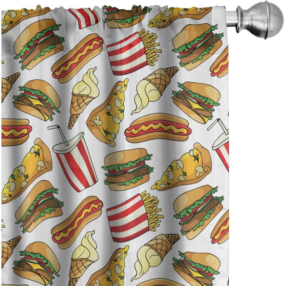 imageAmbesonne Food 2 Panel Curtain Set Fun Fast Food Cartoon Hot Dog Hamburger Pizza Slice Ice Cream Cone Soda Cup Lightweight Window Treatment Living Room Bedroom Decor Pair of  28 x 84 Red Beige