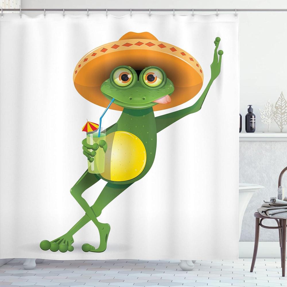 imageAmbesonne Funny Shower Curtain Cartoon Monsters Design Lets Dance Boho Groovy Fun Creatures in Garden Cloth Fabric Bathroom Decor Set with Hooks 69 W x 75 L Green BlueGreen Fern