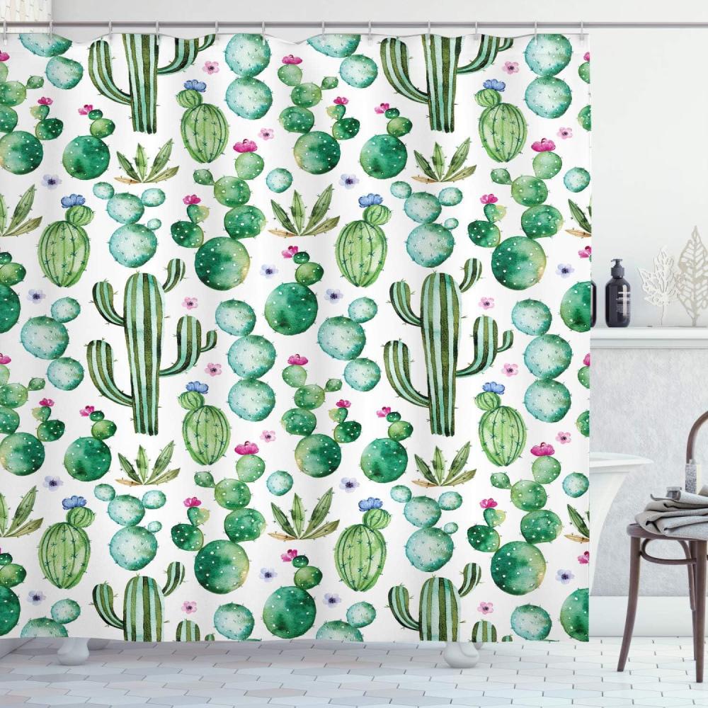 imageAmbesonne Green Shower Curtain Mexican Texas Cactus Plants Spikes Cartoon Like Print Cloth Fabric Bathroom Decor Set with Hooks 69 W x 70 L Lime Green Pale Pink