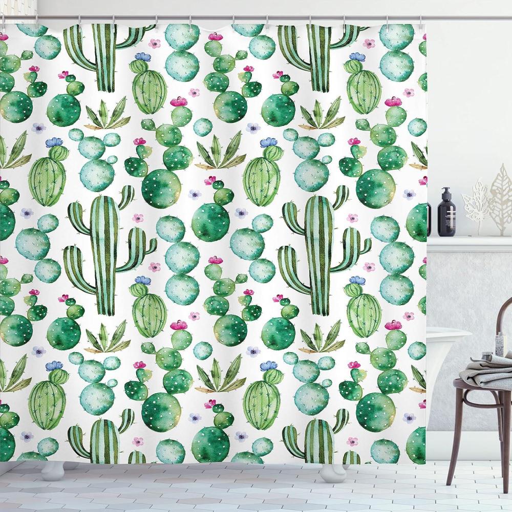 imageAmbesonne Green Shower Curtain Mexican Texas Cactus Plants Spikes Cartoon Like Print Cloth Fabric Bathroom Decor Set with Hooks 69 W x 75 L Lime Green Pale Pink