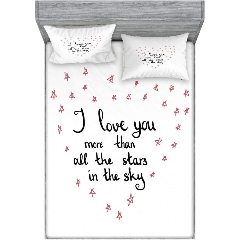imageAmbesonne I Love You More Fitted Sheet amp Pillow Sham Set Hand Written Valentines Day Letters with Stars in Shape of a Heart Decorative Printed 3 Piece Bedding Decor Set Queen Red Grey White